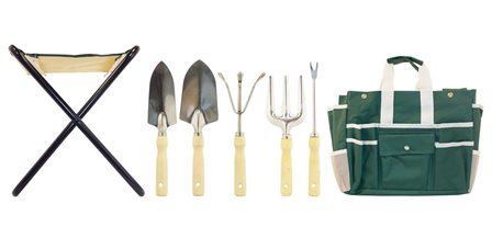 GardenHOME Folding Stool with Tool Bag and 5 Tools Garden Tool Set